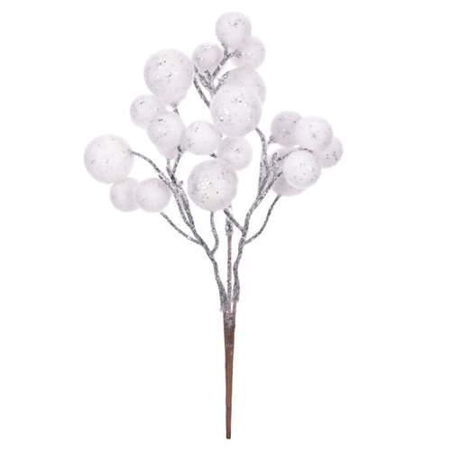Větev umělá - bílé bobule, přízdoba se trřpytkami, cena za 1 ks