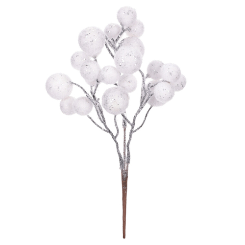Větev umělá - bílé bobule, přízdoba se trřpytkami, cena za 1 ks