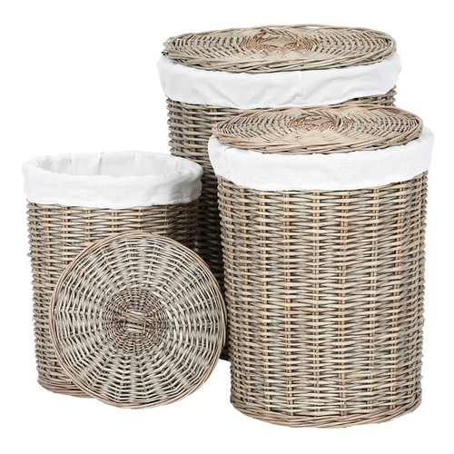 Koš proutěný - prádelní, s víkem, šedý, cena za sadu 3 ks