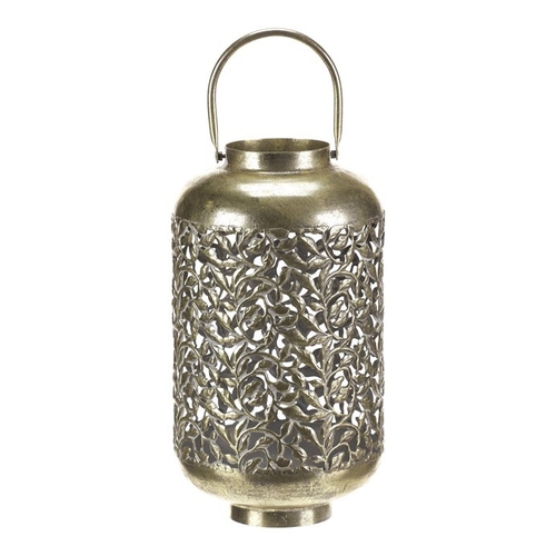 Svícen kovový - přenosná lucerna, rostlinný dekor, zlatý