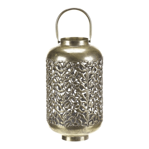 Svícen kovový - přenosná lucerna, rostlinný dekor, zlatý