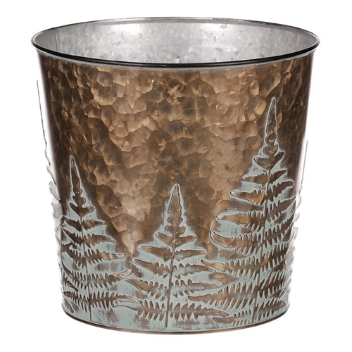 Obal z kovu na květiny, v  měděné barvě s kapradím.