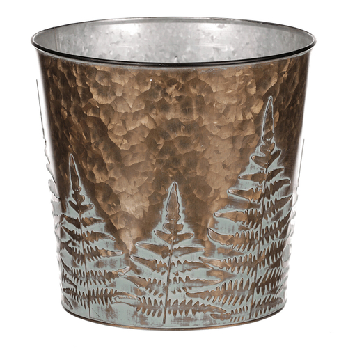 Obal z kovu na květiny, v  měděné barvě s kapradím.