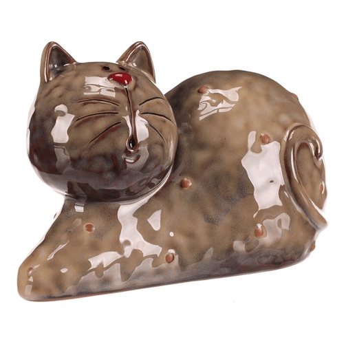 Kočka - keramická figurka, ležící, vel. XL, hnědá