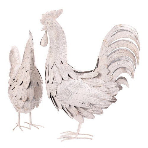 Slepice a kohout - kov s patinou, barva bílá, cena za 1 ks