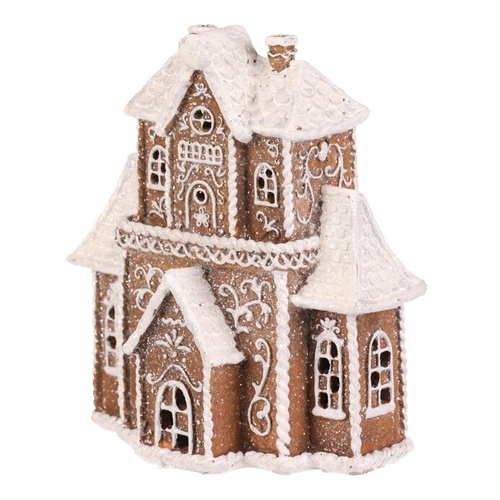 Domeček perníkový - polyresin, LED osvětl., hnědý s bílým zdobením