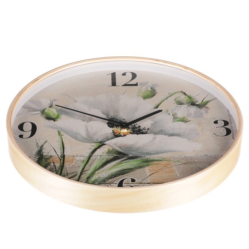 Hodiny nástěnné - pr. 40 cm, MDF a dřevený rám, kvetoucí mák
