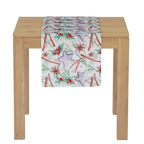 Běhoun s vánočním motivem - bílý podklad, 100% polyester, 40 x 150 cm.