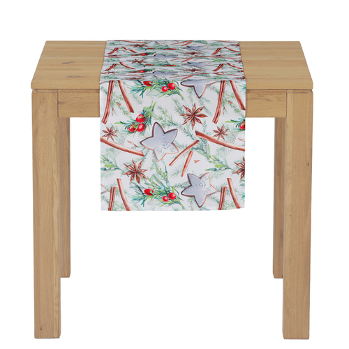 Běhoun s vánočním motivem - bílý podklad, 100% polyester, 40 x 150 cm.