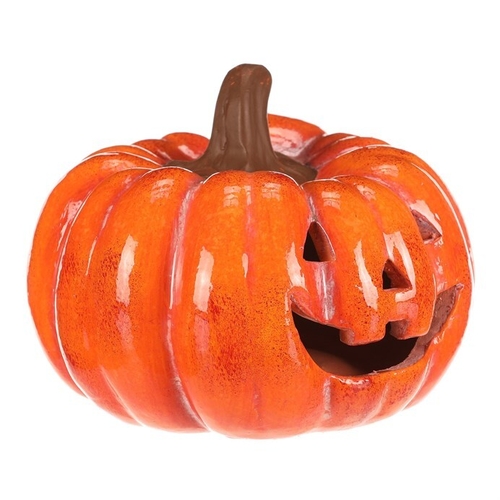 Dýně s obličejem - keramika, LED osvětlení, oranžová