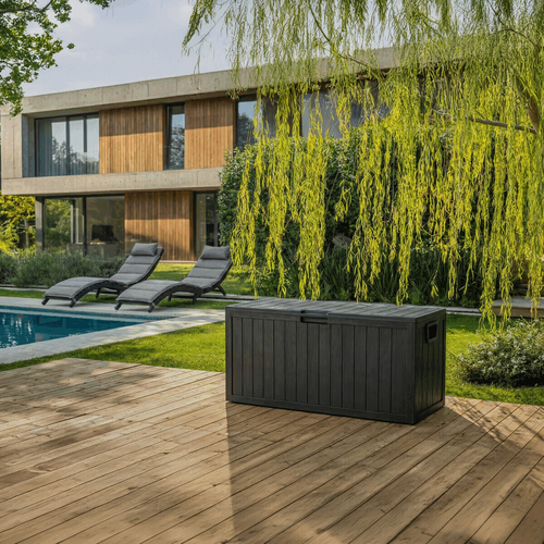 Zahradní úložný box 112x49x54cm, plast, šedá, 280l, AZB-G2075 GREY