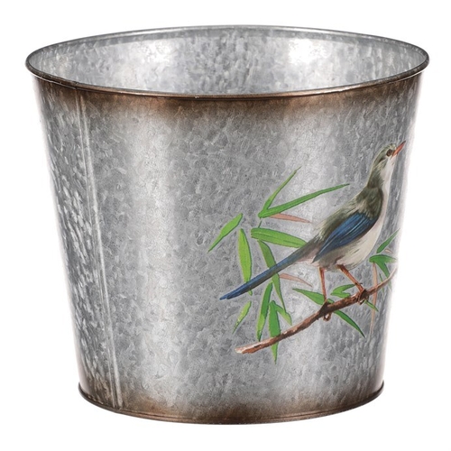 Kovový obal na květiny, design s ptáčky.