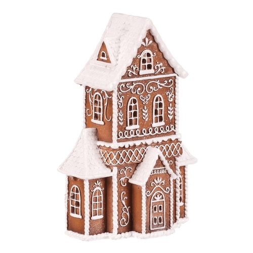 Domeček perníkový - polyresin, LED osvětl., hnědý s bílým zdobením