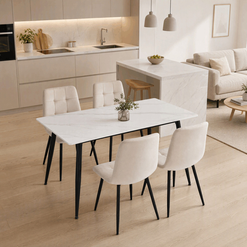 Jídelní set s 4 židlemi Capella, krémová, 130x70x76cm, keramika, dekor mramor, ASE-1049 CRM4
