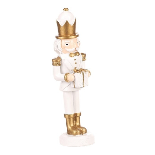 Voják s dárkem - figurka na postavení, polyresin, barva bílo-zlatá