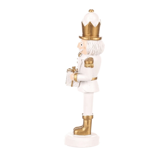 Voják s dárkem - figurka na postavení, polyresin, barva bílo-zlatá