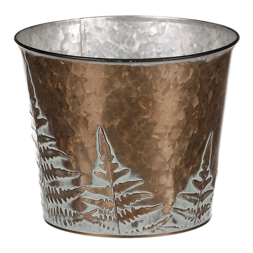 Obal z kovu na květiny, v  měděné barvě s kapradím.