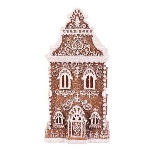 Domeček perníkový - polyresin, LED osvětl., hnědý s bílým zdobením