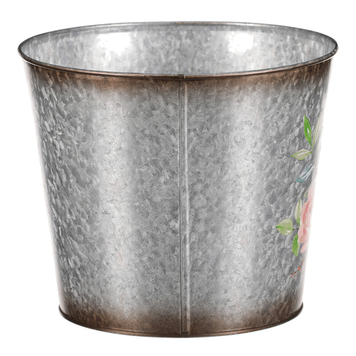 Kovový obal na květiny. Design s růžemi.