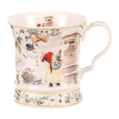 Hrnek malovaný v dárkové dóze - zimní motiv, porcelán, barevný