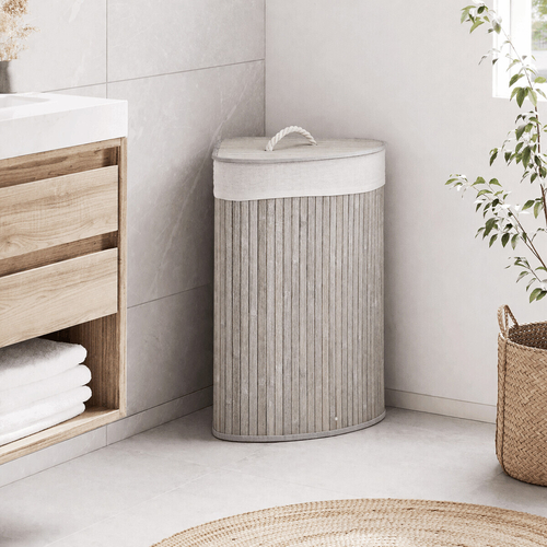 Koš prádelní - bambusový, rohový s víkem, šedý