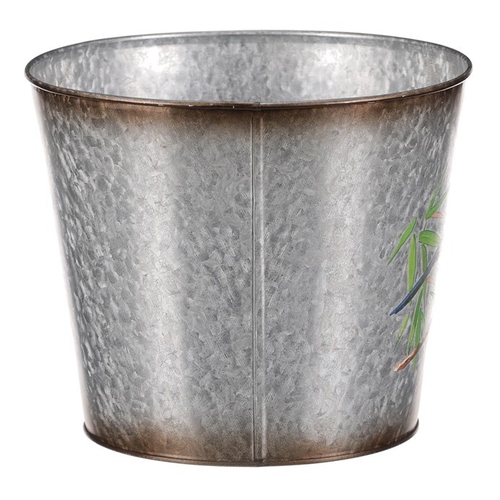 Kovový obal na květiny, design s ptáčky.