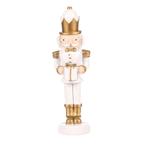 Voják s dárkem - figurka na postavení, polyresin, barva bílo-zlatá