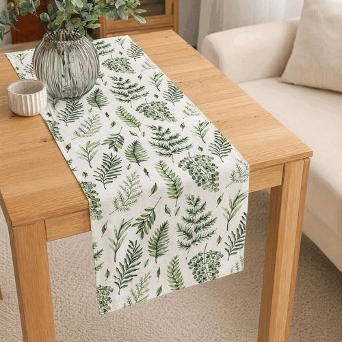 Běhoun - mix zelených listů, bílý základ, 100 % polyester, 40 x 150 cm