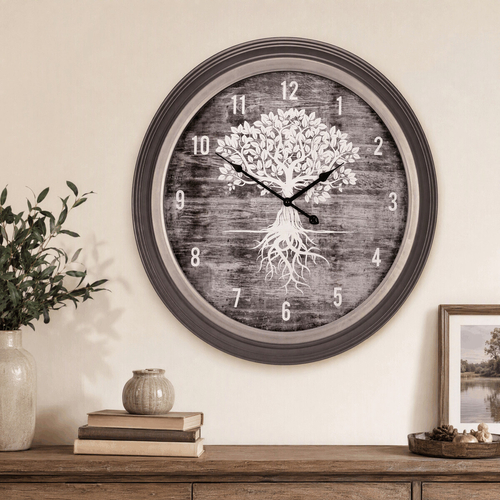 Hodiny nástěnné - pr. 58 cm, MDF, sklo a kovový rám, strom života