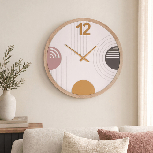 Hodiny nástěnné - pr. 60 cm, MDF a dřevěný rám, barevné kruhy