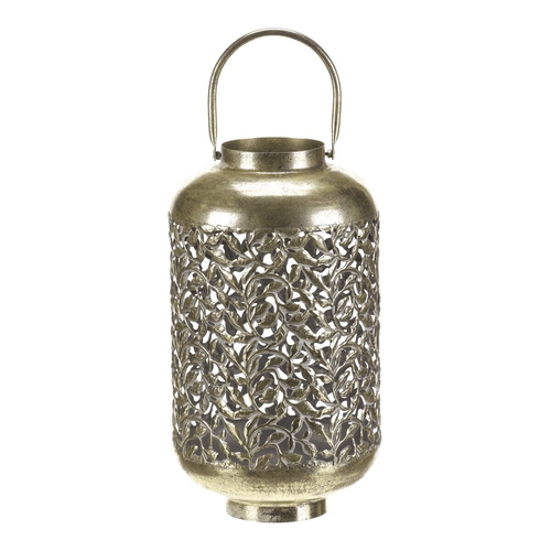 Svícen kovový - přenosná lucerna, rostlinný dekor, zlatý