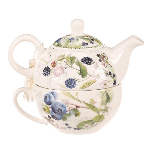 Konvička se šálkem - dárkový set v krabičce, porcelán, bílý s lesními plody