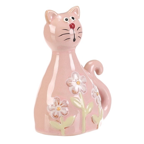 Kočka - keramická figurka, dekor květin, vel. S, růžová