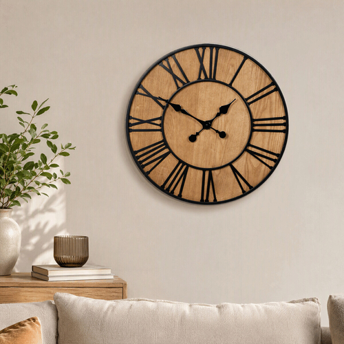 Hodiny nástěnné - pr. 60 cm, kov a MDF s jasanovou dýhou