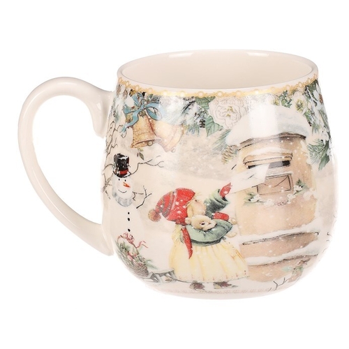 Hrnek malovaný v dárkové dóze - zimní motiv, porcelán, barevný