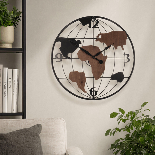Hodiny nástěnné - pr. 40 cm, kov a MDF, motiv světadílů