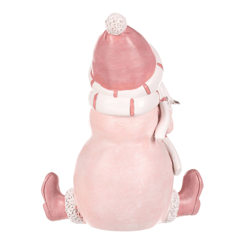 Sněhulák - polyresiová figurka, sedící, růžový obleček a čepka