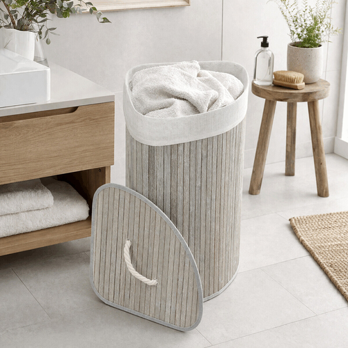 Koš prádelní - bambusový, rohový s víkem, šedý