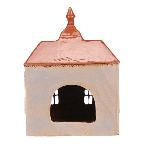 Domeček keramický - radnice, na čajovou svíčku, sv. modrý