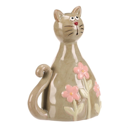 Kočka - keramická figurka, dekor květin, vel. M, zelená