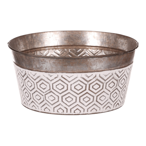 Obal kovový - kulatý, nízký, s ornamenty, bílo-měděný