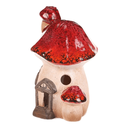Domeček keramický - houba, s LED osvětlením, červená stříška