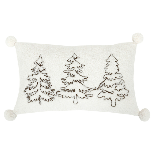 Polštář s výplní - šedý se stromky, pompóny, 100% polyester, 50 x 30 cm