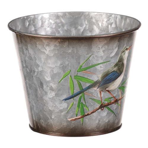 Kovový obal na květiny, design s ptáčky.