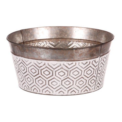 Obal kovový - kulatý, nízký, s ornamenty, bílo-měděný