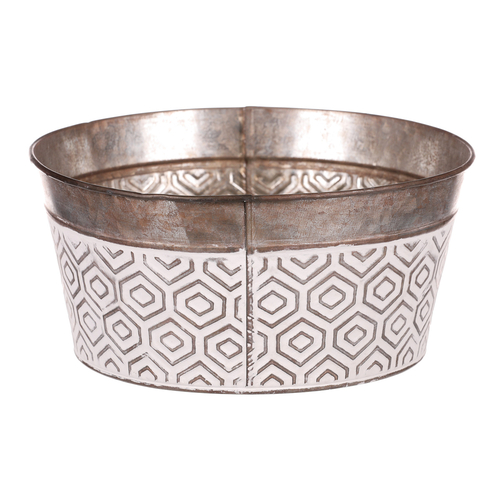 Obal kovový - kulatý, nízký, s ornamenty, bílo-měděný