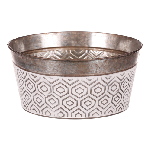 Obal kovový - kulatý, nízký, s ornamenty, bílo-měděný