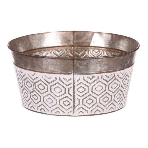 Obal kovový - kulatý, nízký, s ornamenty, bílo-měděný