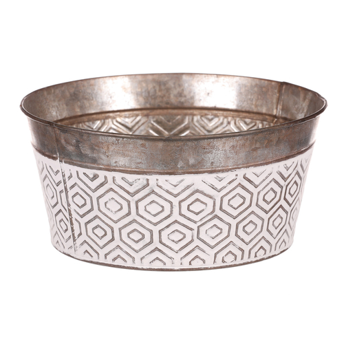 Obal kovový - kulatý, nízký, s ornamenty, bílo-měděný