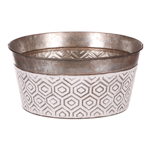 Obal kovový - kulatý, nízký, s ornamenty, bílo-měděný